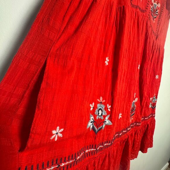 Knox Rose Red Embroidered Midi Empire Cotton Summer Dress Sz Large - Picture 6 of 12